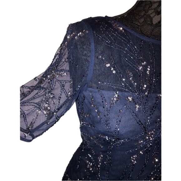 NWT ADRIANNA PAPELL Navy Blue Sequins Formal Short Dress 1/2 Length Sleeves - Picture 5 of 10